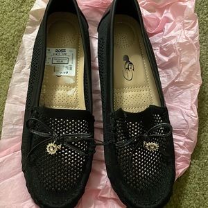 C&G BlackPerforated Suede Loafers with Bow and Diamond Pendant 10 NWT